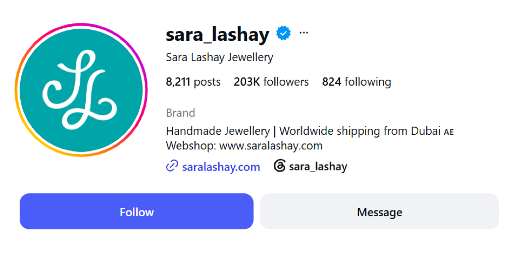 Sara Lashay Jewellery verified Instagram profile